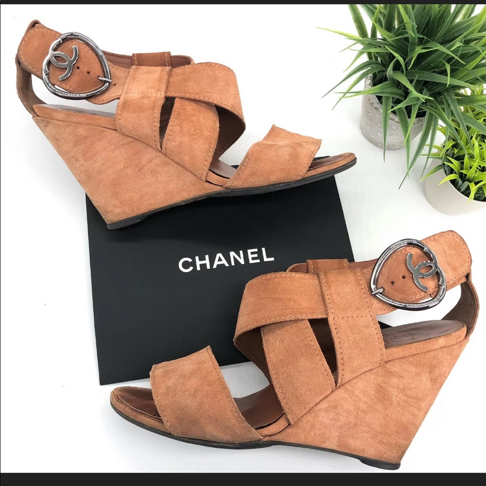 Chanel Authentic CC Heart Buckle Strappy Wedges